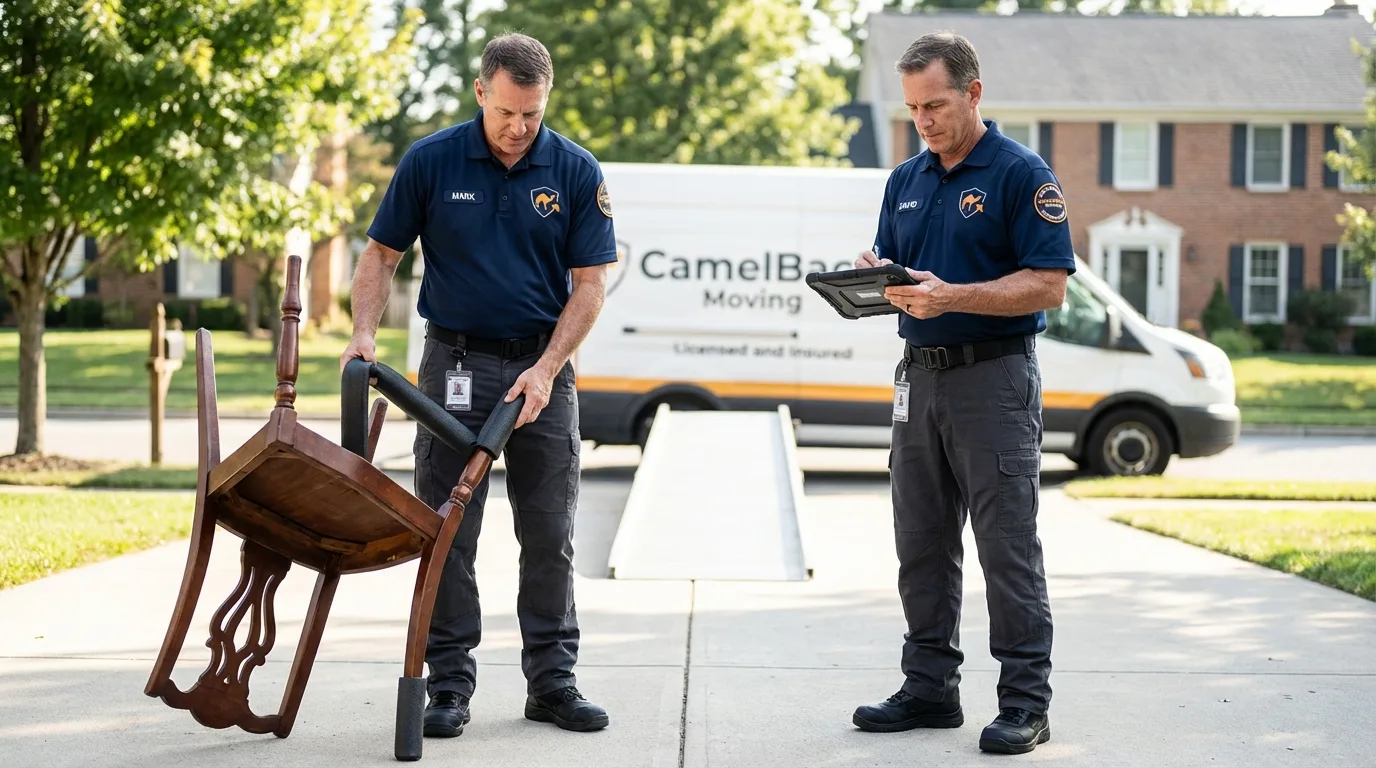 Movers inspecting furniture for damage prevention before loading in Oshkosh, NE